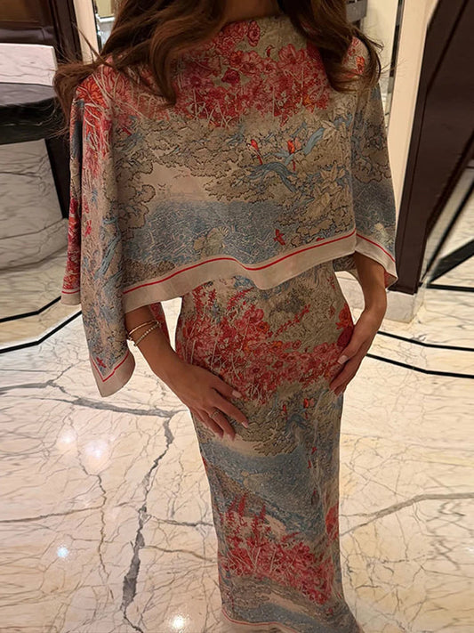 Damen Enges Blumenmuster-Maxikleid mit Cape-Überwurf und Stola