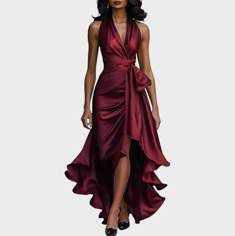 Midnight Satin Neckholderkleid mit Rüschendetail