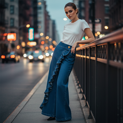 Asymmetrische Jeans mit weitem Bein und Volant
