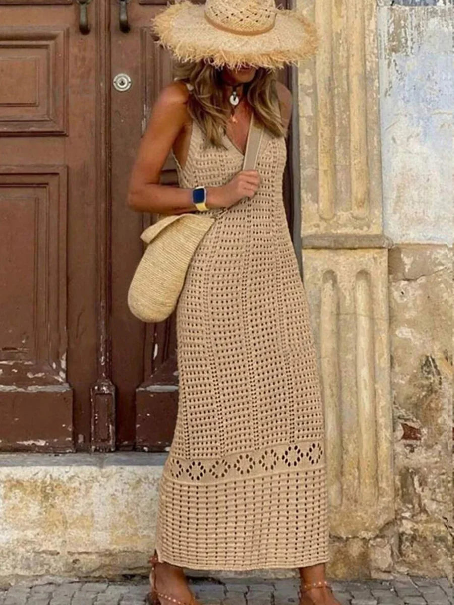 Damen Häkelspitzen V-Ausschnitt Tunika Strandkleid
