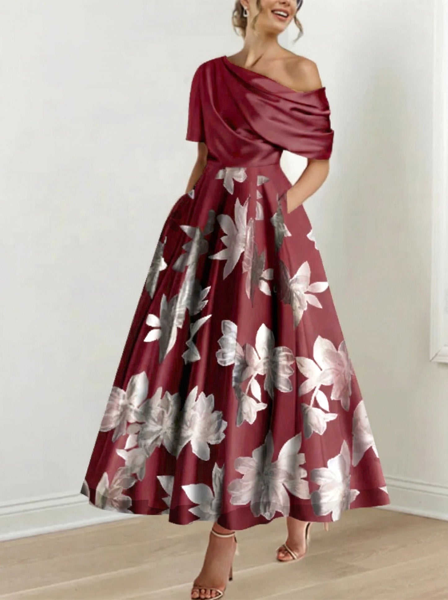 Ein-Schulter Bedrucktes Blumen A-Linien Kleid für die Mutter der Braut