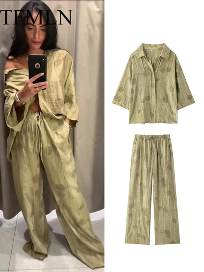Damen Jacquard Zweiteiler Shirt und Weite-Hosen Set