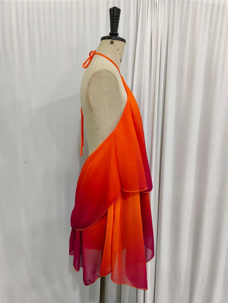 Rosa Farbverlauf Mini Kleid mit Rüschensaum