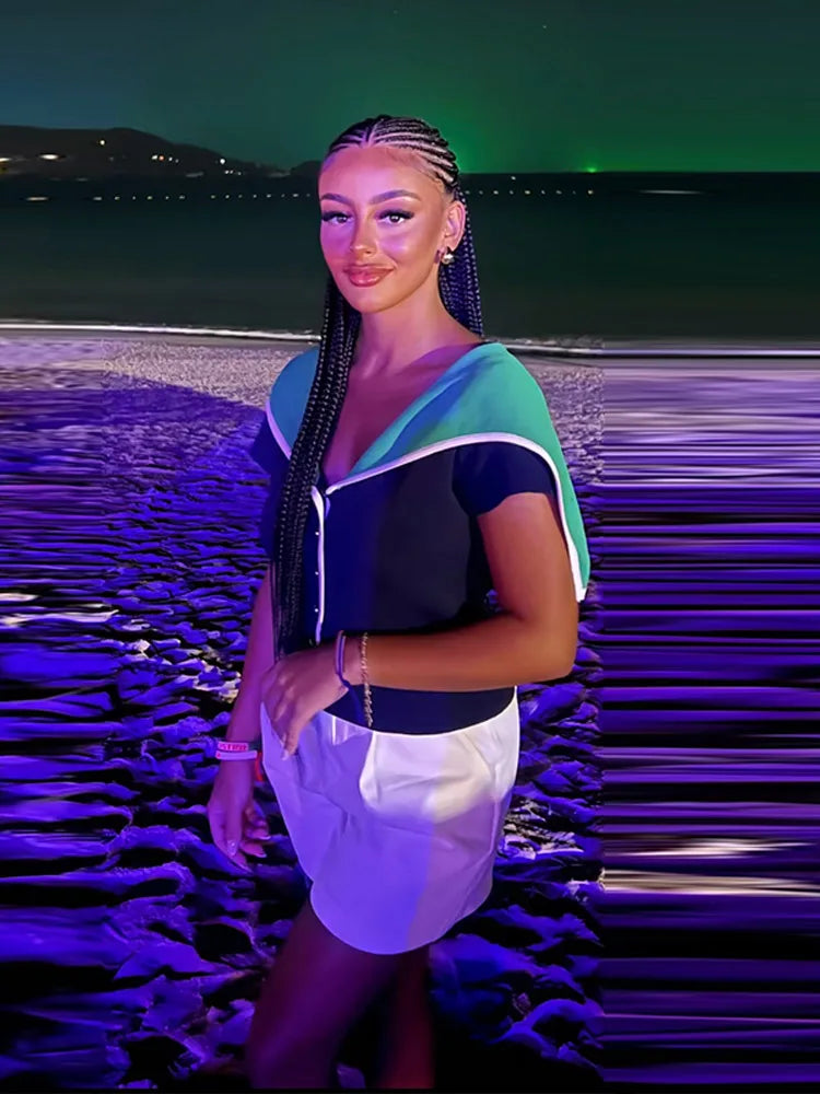 Damen Stricktop mit Reverskragen in Marineblau