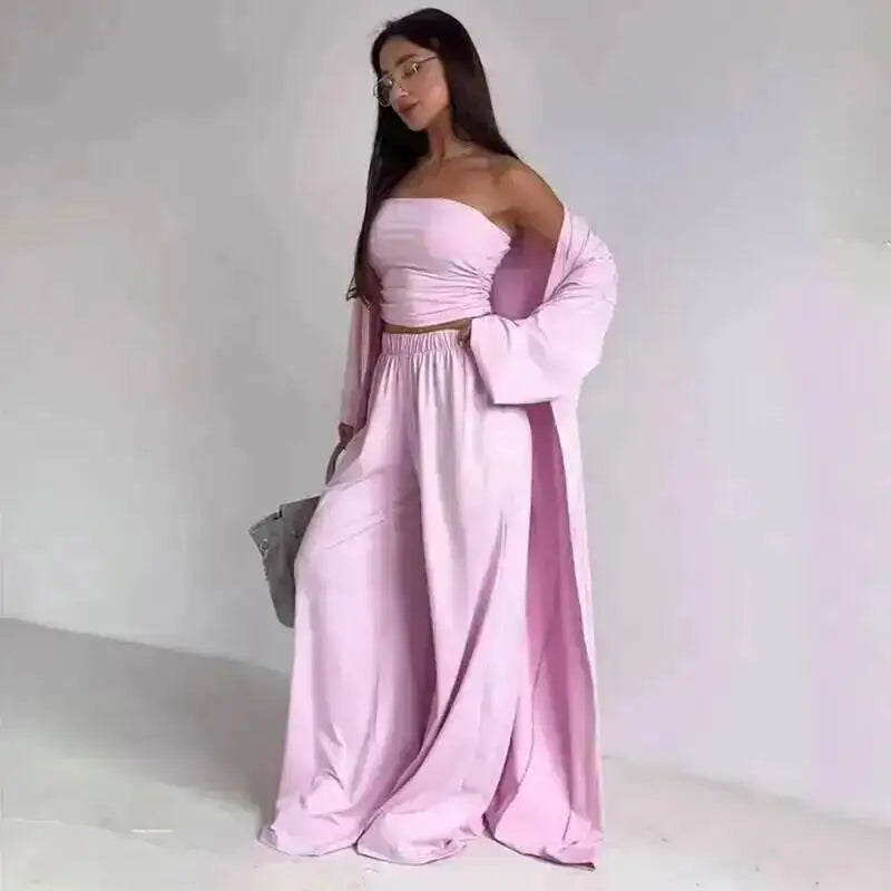 Damen Trägerloses Strick-Top mit Cardigan und weiten Hosen Set