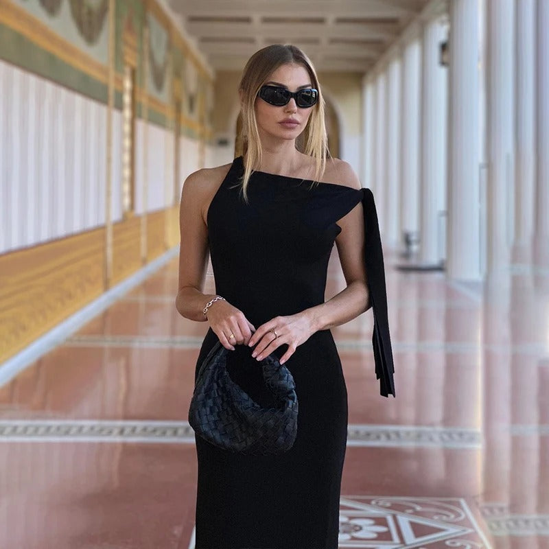 One-Shoulder Evening Dress with Bow Detail for Women - Elegant Fit