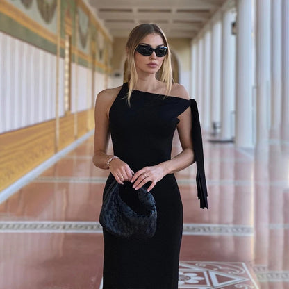 One-Shoulder Evening Dress with Bow Detail for Women - Elegant Fit