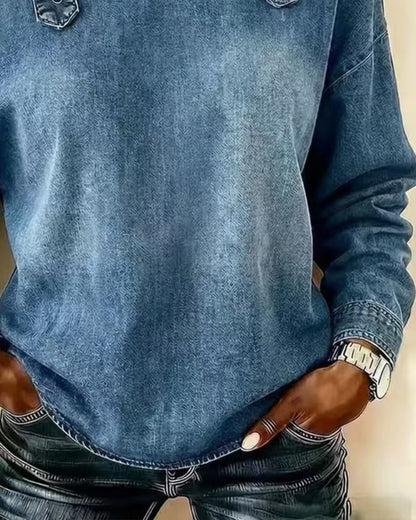 Damenbluse im Denim-Look mit Schulter-Ausschnitten und Knopfleiste