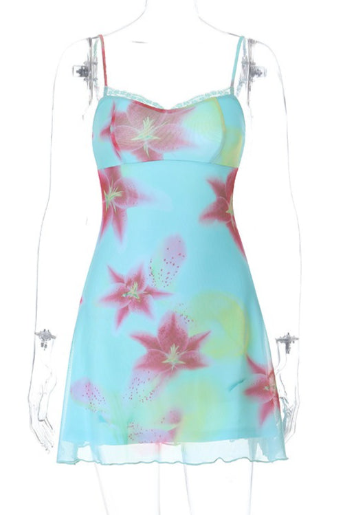 Rückenansicht vom Mini Kleid mit Blumenprint und schmalen Trägern