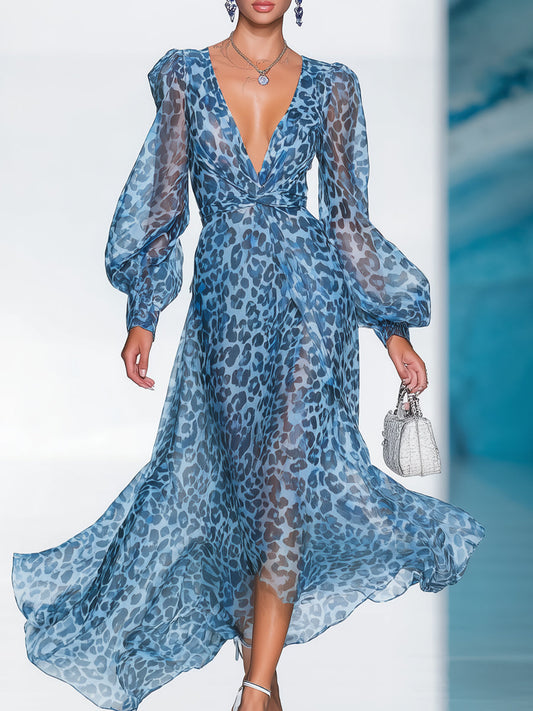 Damen Maxikleid in Blau mit Leopardenmuster, tiefem V-Ausschnitt und Ballonärmeln