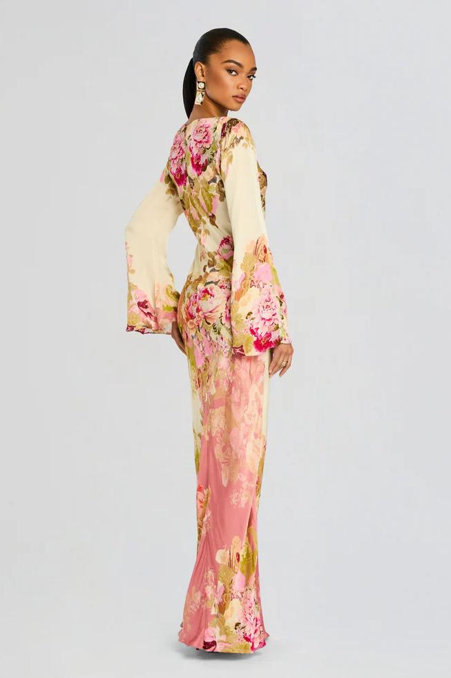 Damen Maxikleid mit langen Ärmeln und Trompetenmanschetten mit Blumenprint