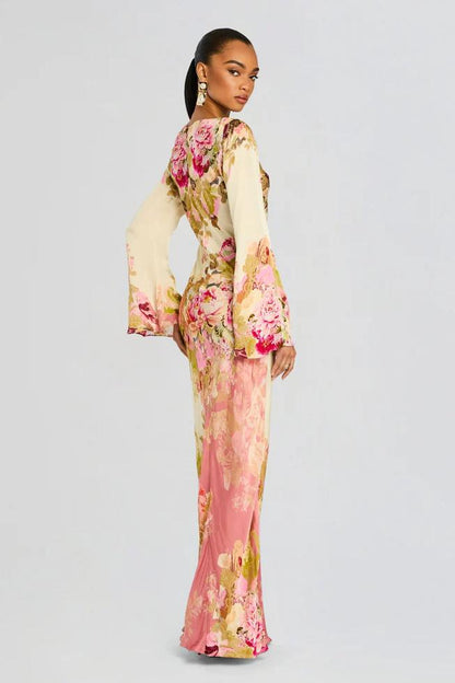 Damen Maxikleid mit langen Ärmeln und Trompetenmanschetten mit Blumenprint