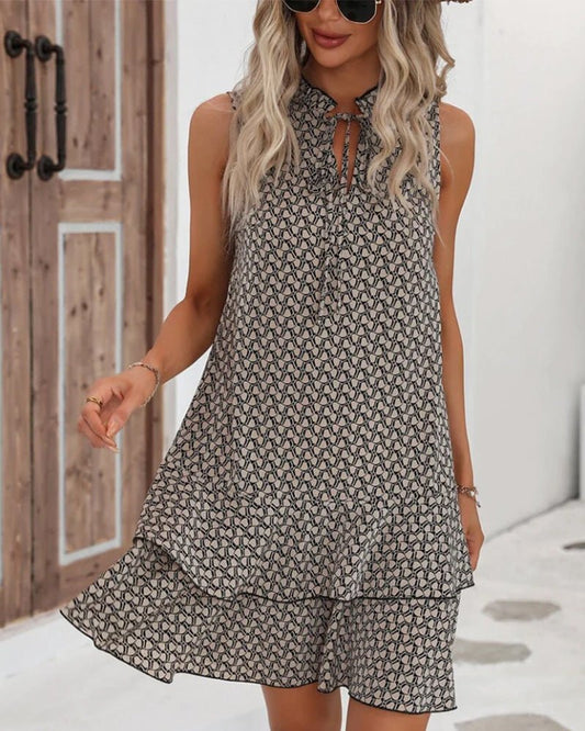 Damen Midikleid in Schwarz mit geometrischem Print und ärmellosem Schnitt