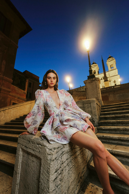 Damen Mini Kleid mit Blumenmuster mit Ballonärmeln und Stufenrock