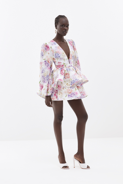 Damen Mini Kleid mit Blumenmuster in Seitenansicht