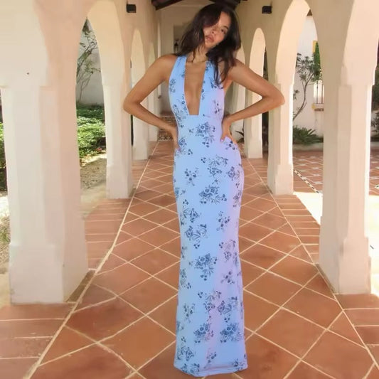 Damen Maxikleid mit Floralprint und offenem Rücken in Vorderansicht