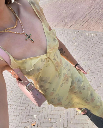 Maxikleid mit Blumenmuster, tiefem Ausschnitt und Rückenausschnitt