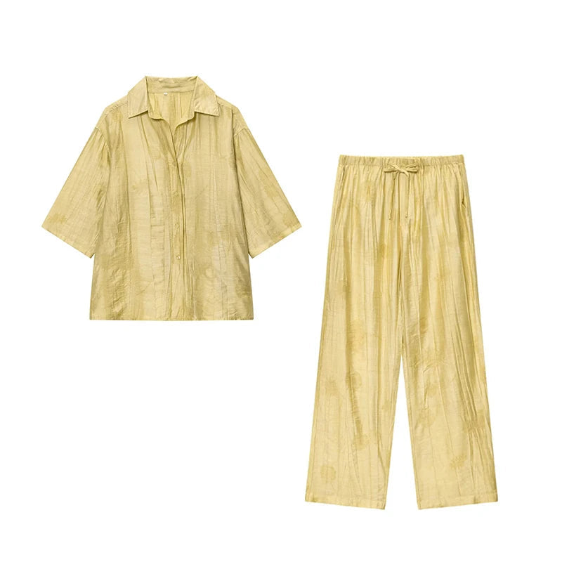 Damen Jacquard Zweiteiler Shirt und Weite-Hosen Set