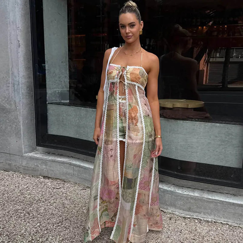 Damen-Set aus zwei Teilen mit Print und Spitzenbesatz