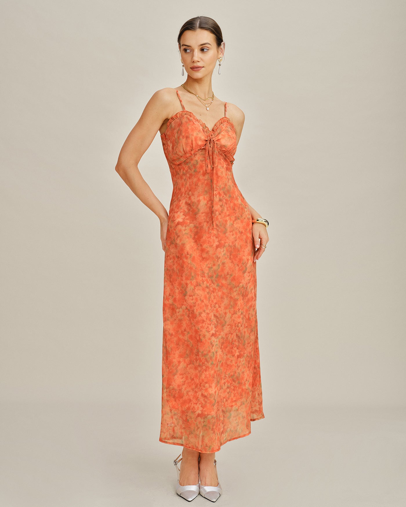 Orangefarbenes Blumenmuster A-Linien Trägerkleid