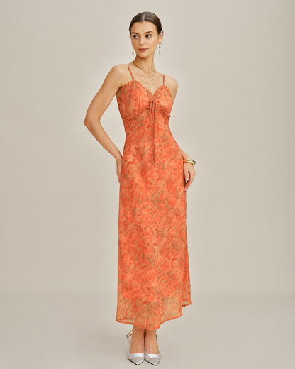 Orangefarbenes Blumenmuster A-Linien Trägerkleid