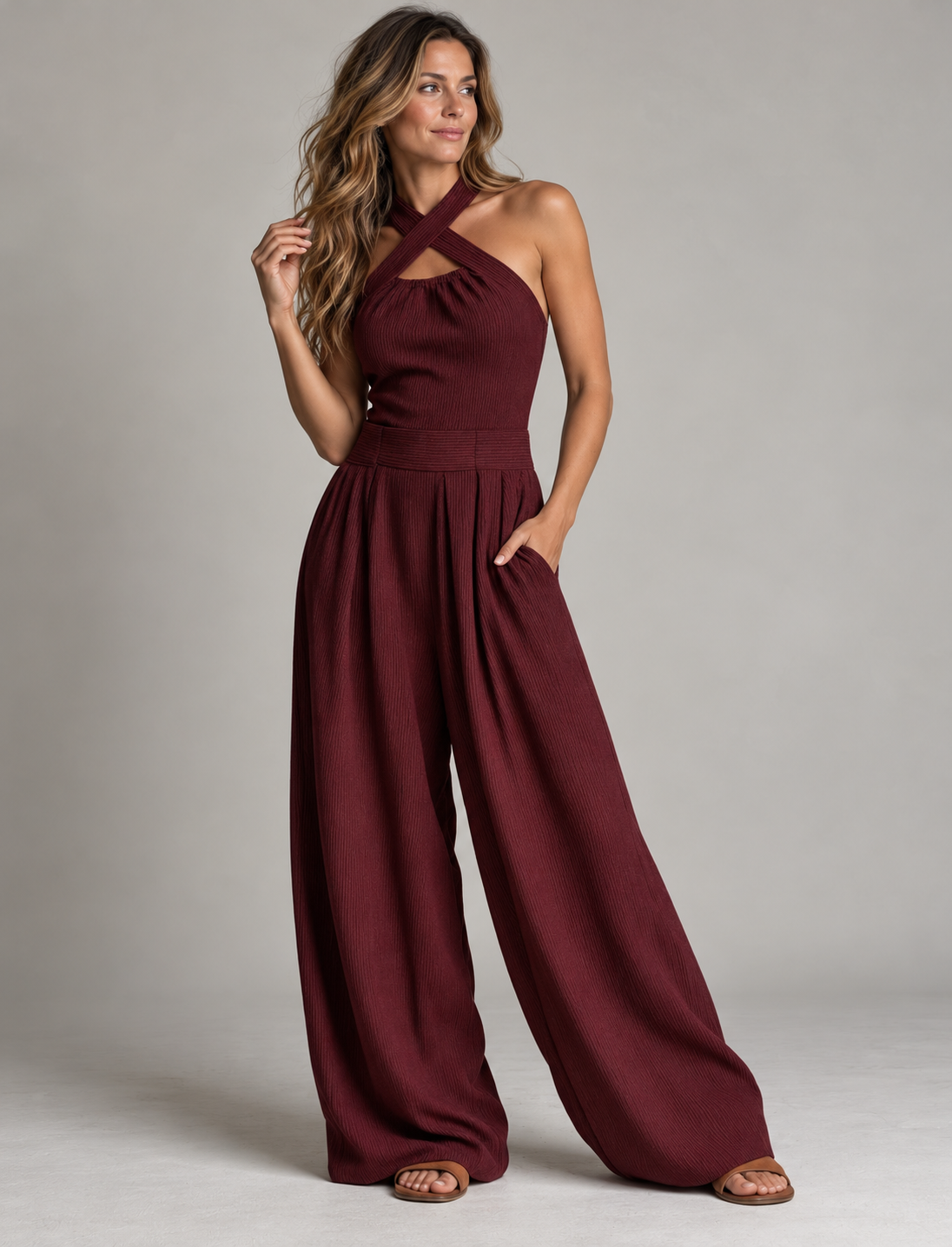 Seitliche Ansicht des Damen-Jumpsuits mit weitem Bein