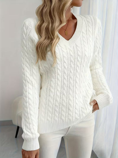 Damen Pullover Mit Zopfmuster Und V Ausschnitt