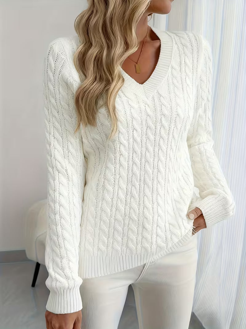 Damen-Pullover mit Zopfmuster und elegantem V-Ausschnitt