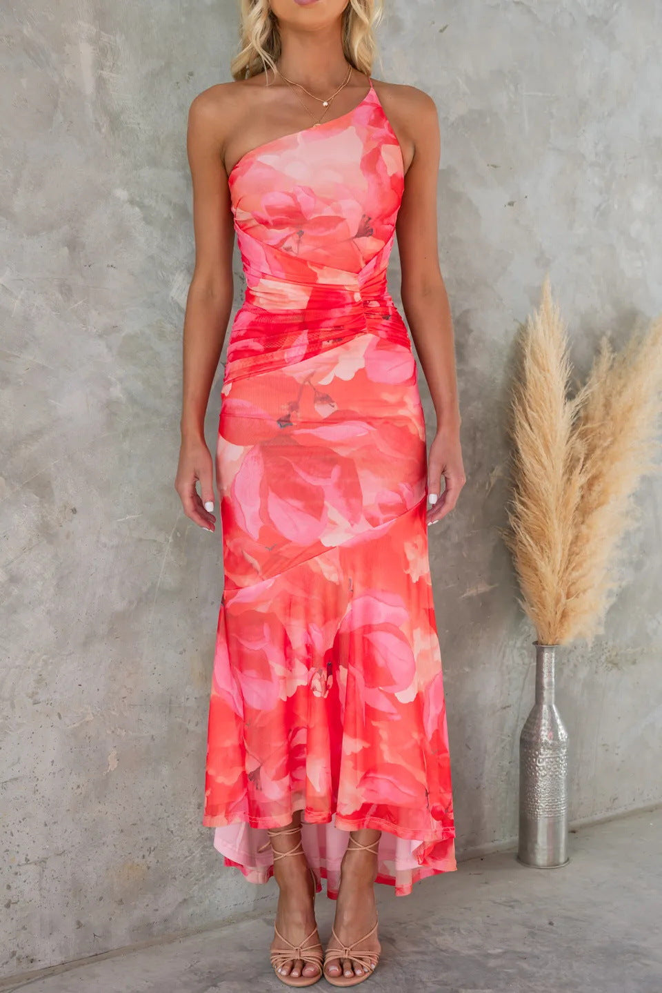 Elegantes One-Shoulder Maxikleid für Damen mit floralem Muster