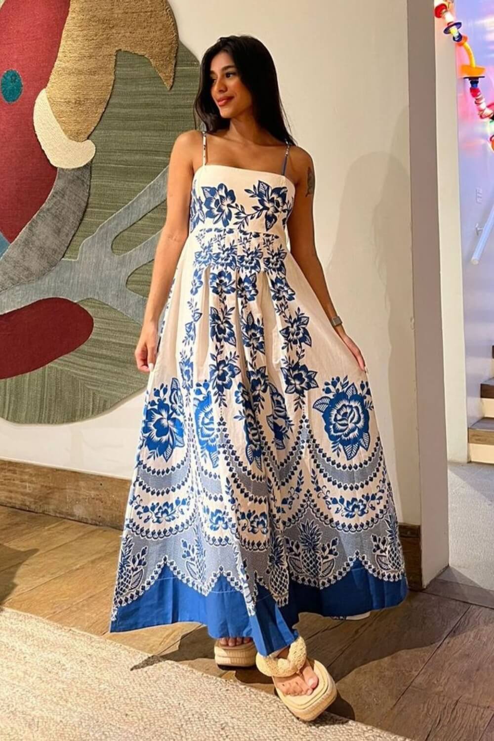 Spaghettiträger Polyester Midi Kleid Blau