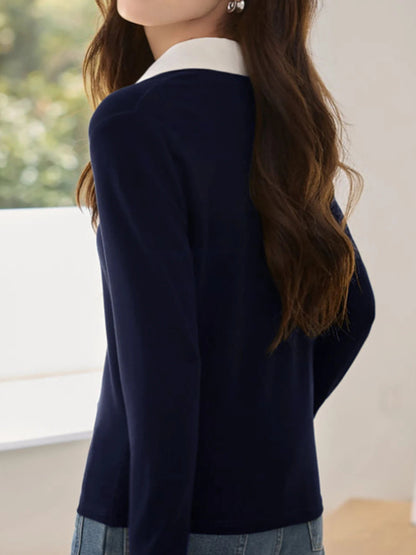 Damen Strick-Poloshirt mit langen Ärmeln Marineblau mit kontrastierendem Kragen