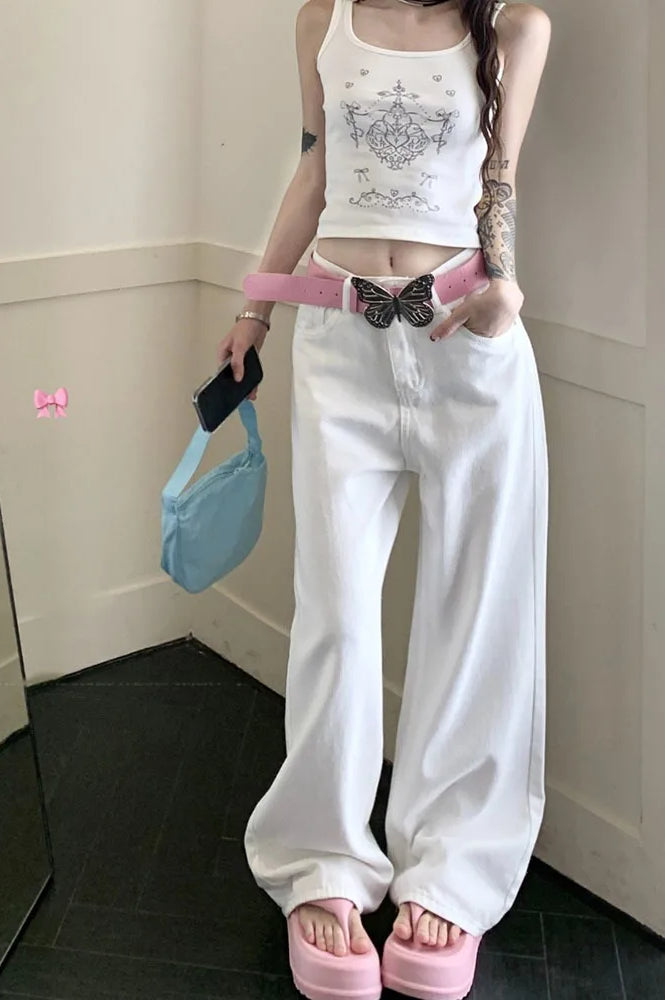 Rosa Wide Leg Jeans für Damen mit besticktem Schleifenmuster
