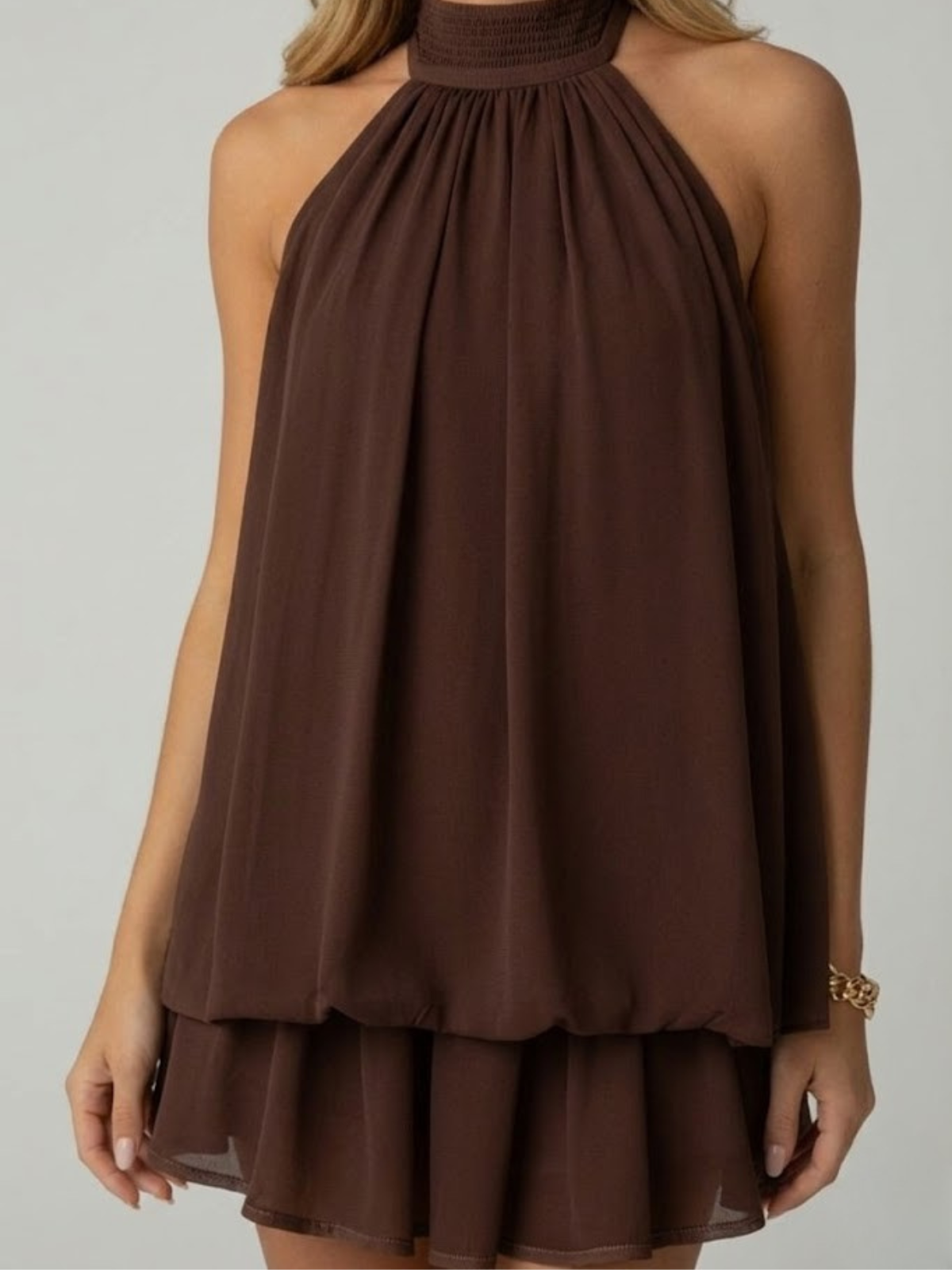 Ärmelloses Damen-Minikleid mit Neckholder und doppeltem Volant-Saum
