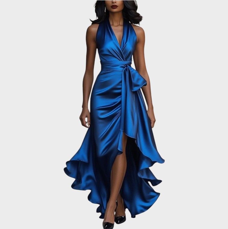 Midnight Satin Neckholderkleid mit Rüschendetail
