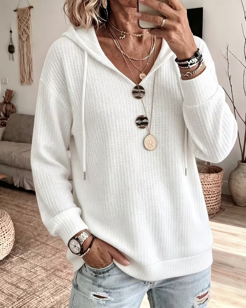 Damen-Hoodie mit geripptem V-Ausschnitt und Kordelzug