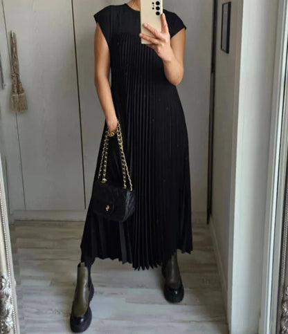 Einfarbiges blaues Plisseekleid für Damen - Elegant für besondere Anlässe