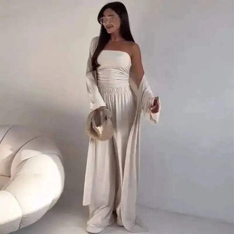 Damen Trägerloses Strick-Top mit Cardigan und weiten Hosen Set