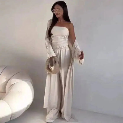 Damen Trägerloses Strick-Top mit Cardigan und weiten Hosen Set