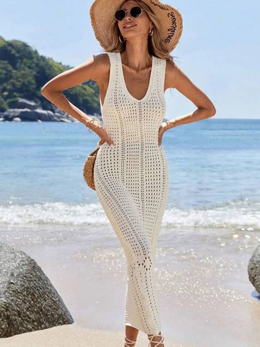 Damen Häkelspitzen V-Ausschnitt Tunika Strandkleid