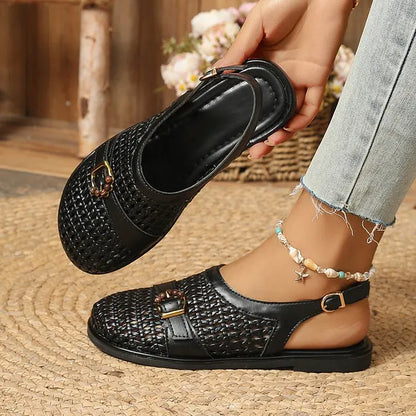 Damen Sandalen Geflochten Flach Atmungsaktiv