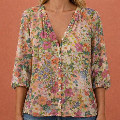 Damen V-Ausschnitt Bedruckte Bluse mit Knopfleiste