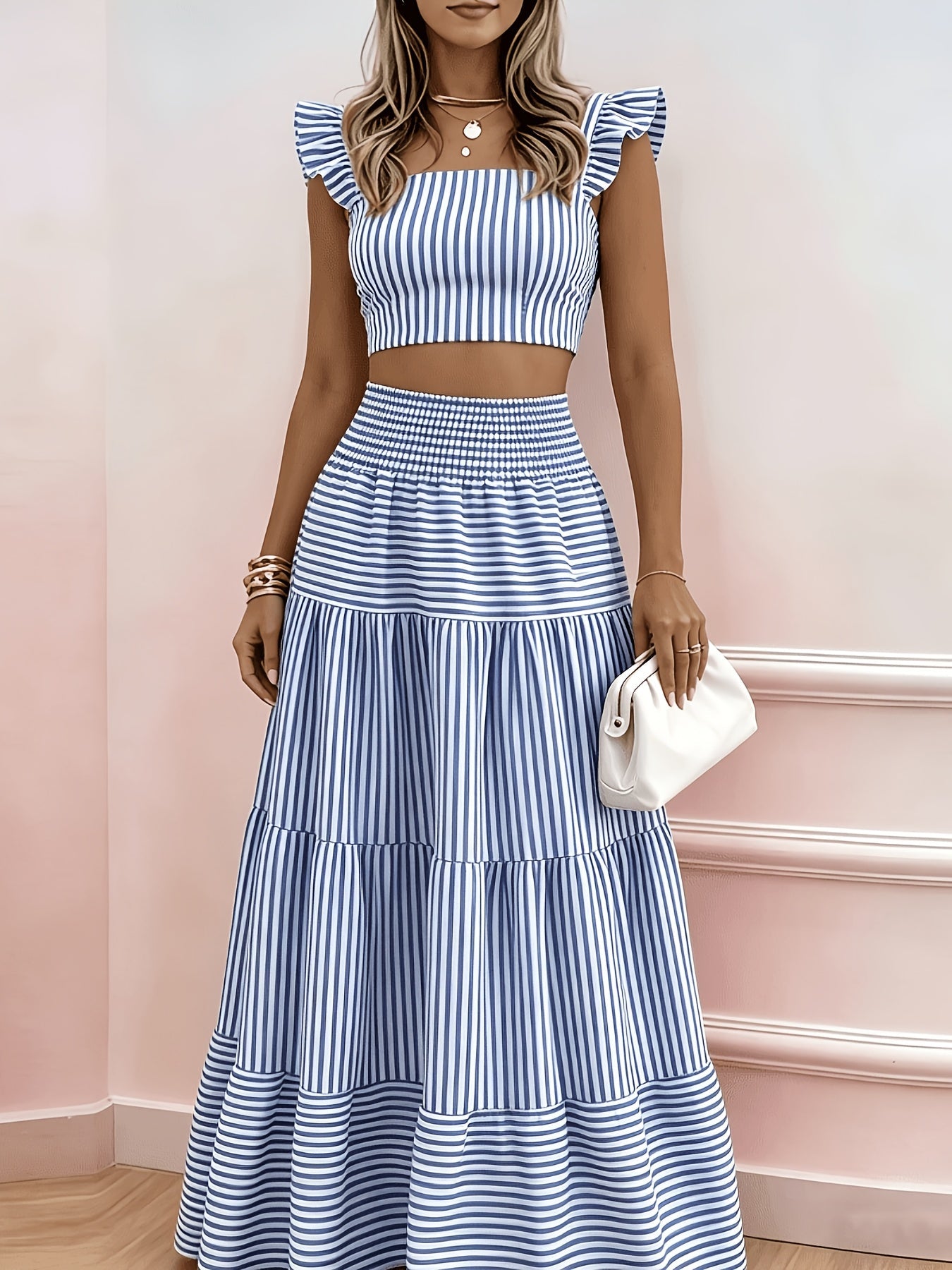 Blumiges Rüschen-Bustier-Top und ausgestelltes Maxirock-Set