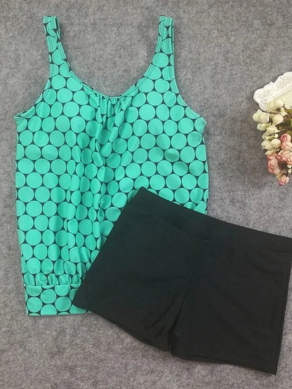 Tankini-Set mit Tupfenmuster, Bauchabdeckung und Shorts