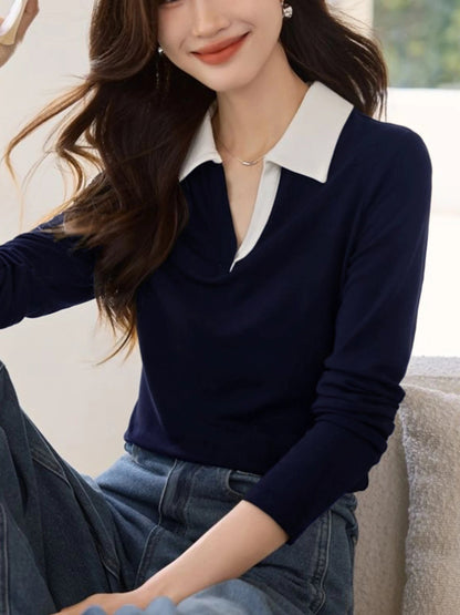 Damen Strick-Poloshirt mit langen Ärmeln Marineblau mit kontrastierendem Kragen