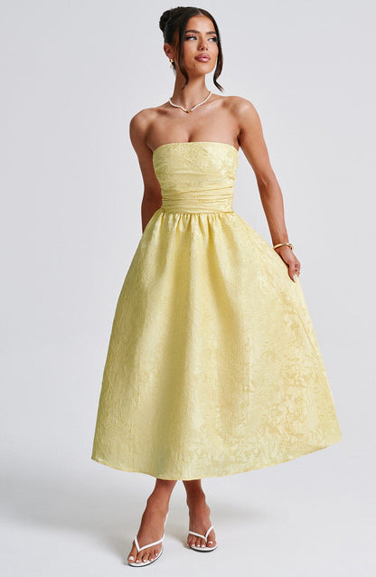 Florales Jacquard trägerloses Midikleid in Zitronengelb
