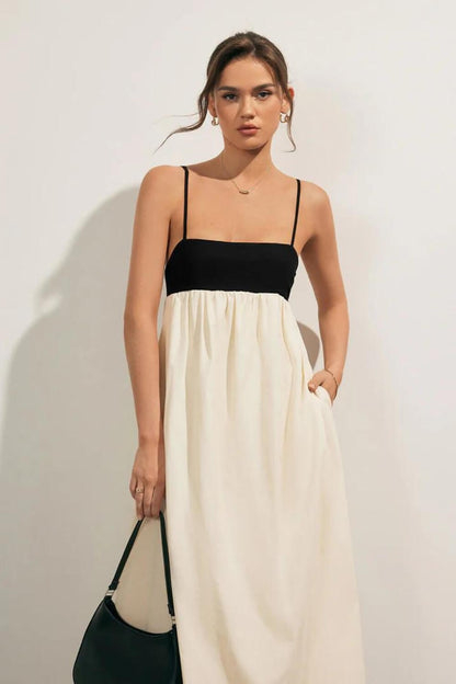 Midi-Kleid aus Leinen-Baumwoll-Mischung, locker geschnitten, schwarz-weiß