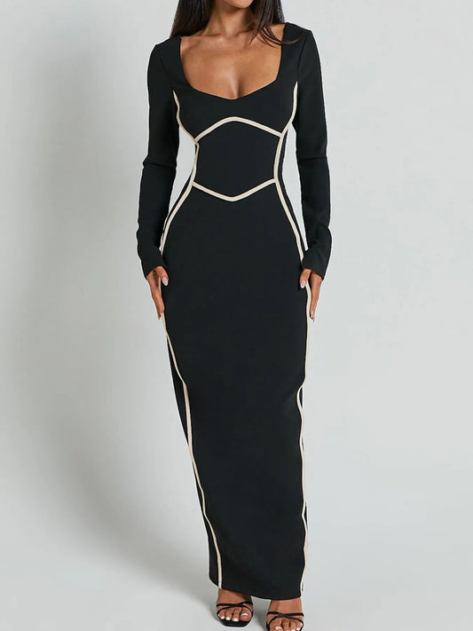 Kontrastbesatz Langarm Bodycon Maxikleid