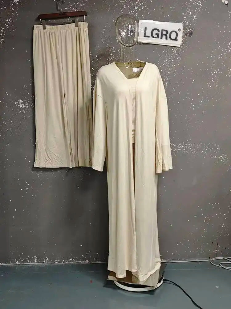 Damen Trägerloses Strick-Top mit Cardigan und weiten Hosen Set