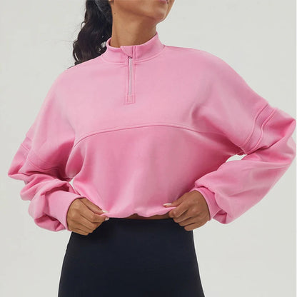 Oversized Damen Sweatshirt aus Baumwollmischung mit halbem Reißverschluss