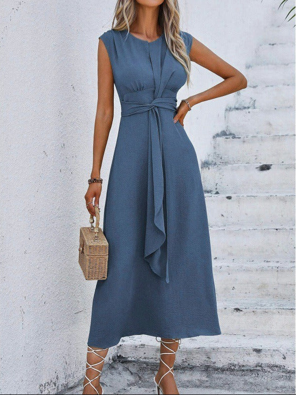 Feminines Damen Midi Kleid mit dekorativer Taillenpartie und glattem Stoff